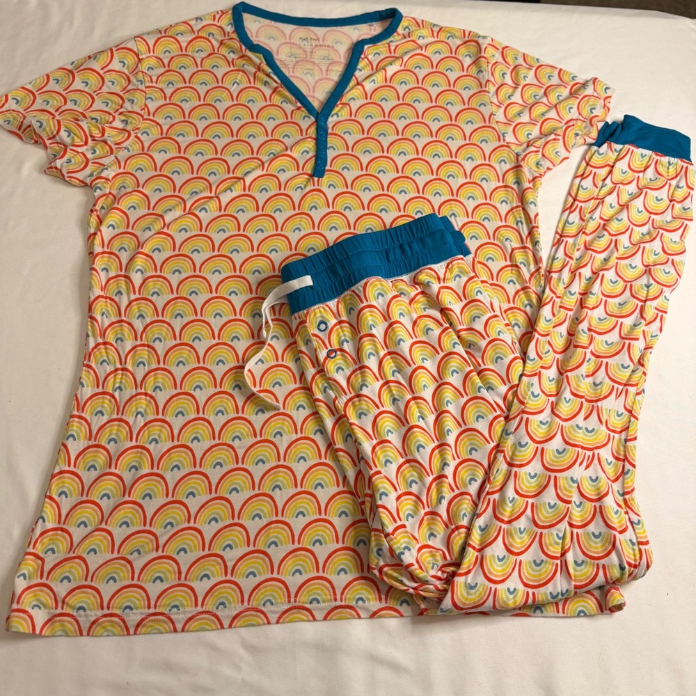 Little Sleepies Womens Rainbow Bamboo Pajama Set Small Blue Trim Henley LS036
